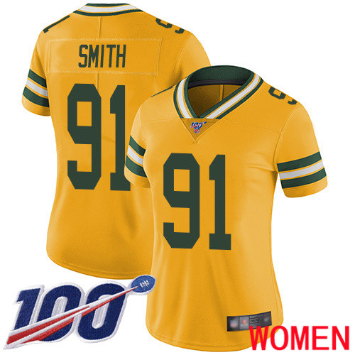 Green Bay Packers Limited Gold Women 91 Smith Preston Jersey Nike NFL 100th Season Rush Vapor Untouchable